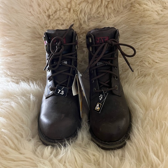 NWT CAT Brown Leather Plaid Textile Work Boots - Picture 3 of 9